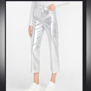 Super high waisted silver faux leather cropped straight pant